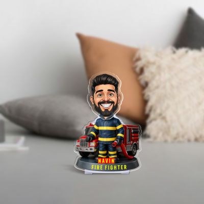 Personalized Firefighter Theme Caricature with Fire Truck Design Custom with Face Cutout & Name Truck Dashboard Decor Gift for Firemen Solar Powered Moving Head